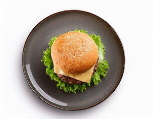 delicious burger on a plate isolated on white background fresh tasty and appetizing cheeseburger tasty burger top view