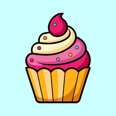 Delicious pink and vanilla cupcake with sprinkles on a light blue background