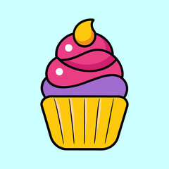 Colorful cupcake with pink frosting and yellow sprinkles on blue background