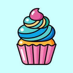 Cartoon cupcake with pink frosting and multiple layers of colored frosting