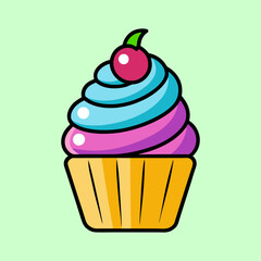 Colorful Cartoon Cupcake with Swirled Frosting and Cherry Topping Illustration