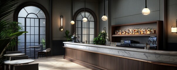A stylish bar interior featuring marble countertops, elegant lighting, and decorative plants, creating a sophisticated atmosphere for patrons.