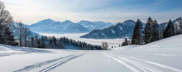 A serene winter landscape featuring snow-covered mountains, a clear sky, and tracks leading through the pristine snow.