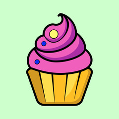 Colorful cupcake with swirled frosting and decorative sprinkles on a light background