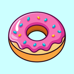 Cartoon donut with pink frosting and colorful sprinkles, isolated on blue