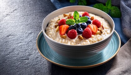 delightful creamy porridge bowl topped with fresh berries nuts and mint garnish