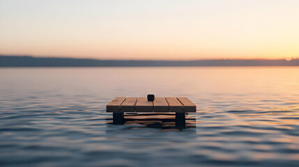 Wooden Platform Floating On Calm Water At Sunset