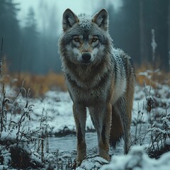 A lone wolf stands in a snow covered forest its thin frame contrasting the icy landscape