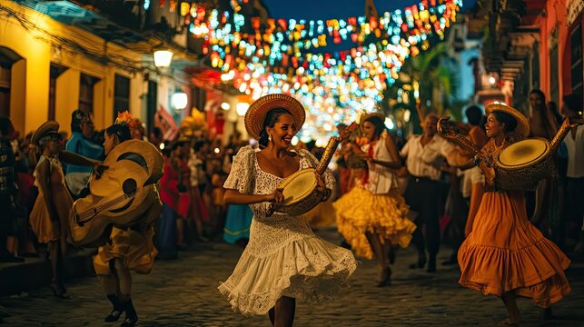 Nighttime street parade; dancers, music, festive lights.