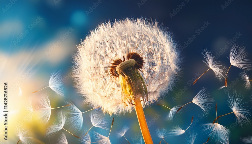 Poster dandelion seed floating in the wind change and adaptability