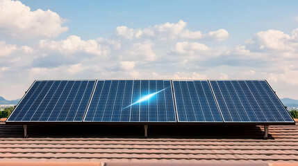 Solar Panels On Rooftop Under Cloudy Sky