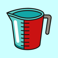 Cartoon measuring cup illustration with a teal and red color scheme
