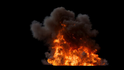 Large intense Fire with thick dark Smoke rising above it and Bright Fiery Flames showing significant Combustion event on a Black Background