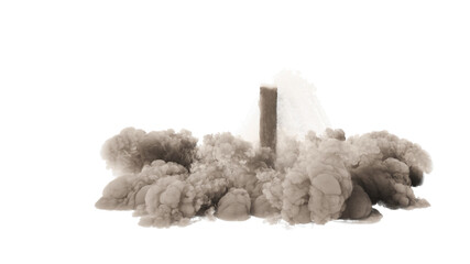 Isolated Large billowing plume of smoke rising from a central source with smaller clouds dispersed around it on uniform background