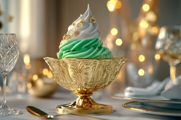 Ornate green ice cream sundae with white pearls, beautifully presented on an elegant table setting.