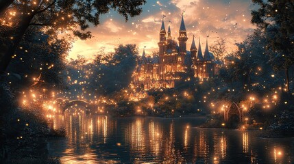 Naklejka premium Magic castle in a fairyland, a fairy-tale castle, depicted in digital artwork