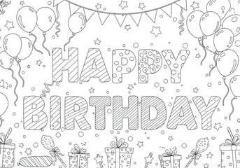 Happy Birthday in patterned letters with balloons, stars, and confetti in a festive celebration coloring book line art illustration