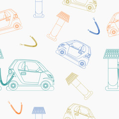 Editable Outline Solar Energy Electric Car Charging Vector Illustration Seamless Pattern for Creating Background of Futuristic Eco-friendly Vehicle Industry and Green Life or Renewable Energy Campaign