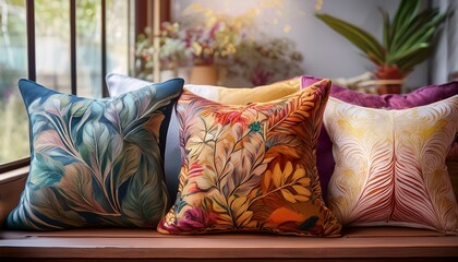 decorative throw pillows showcasing a variety of patterns and colors for home interior styling