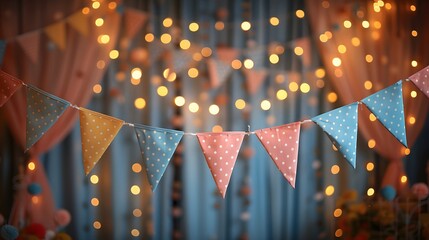 Whimsical Celebration Backdrop with Polka Dot Bunting and Bokeh Lights