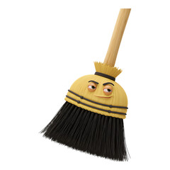 Yellow cartoon broom with mustache and stern face expression