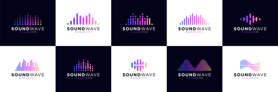 Set of music audio logo icon template. Sound wave symbol with modern gradient logo vector.