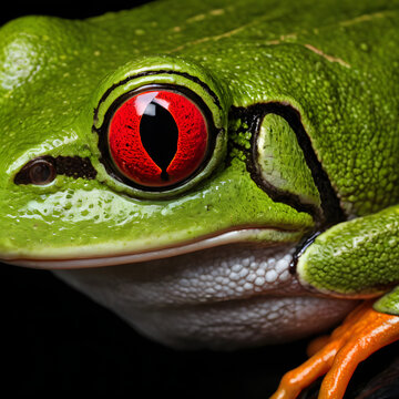 Close-up macaro of a vibrant tree frog with textured skin, bright red eyes, and a black background. Perfect for nature and wildlife enthusiasts.