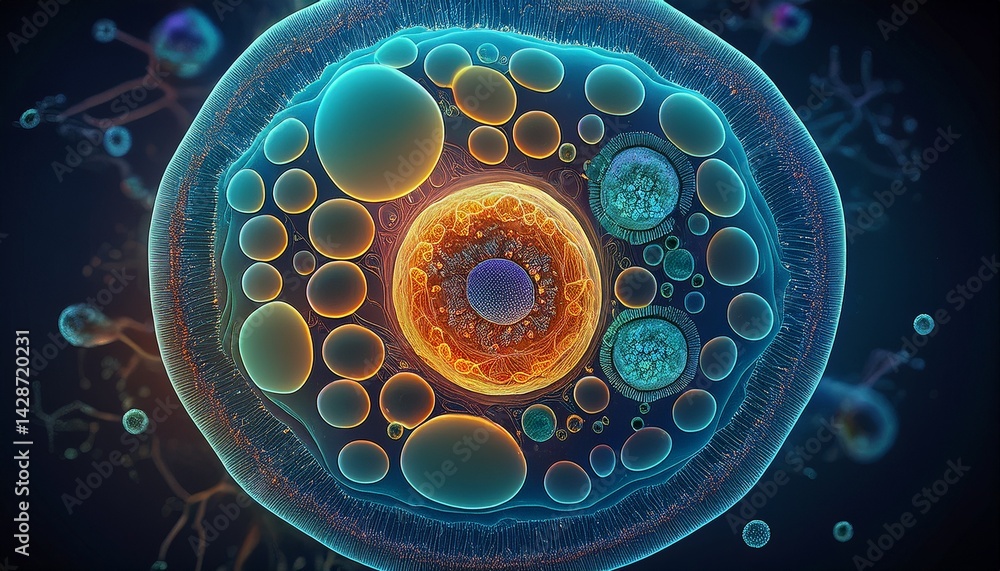 Poster detailed microscopic view of a single eukaryotic cell structure showing the nucleus cytoplasm and ce