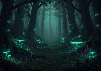 Enchanted Forest Path Illustration Glowing Mushrooms, Trees, and Mystical Woods Scene.