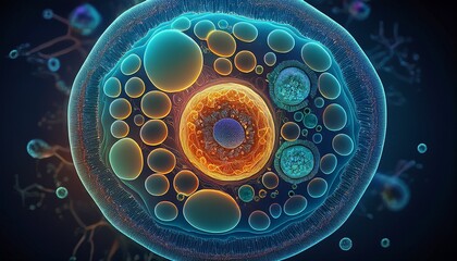 detailed microscopic view of a single eukaryotic cell structure showing the nucleus cytoplasm and cell membrane abstract scientific background representing microbiology biotechnology