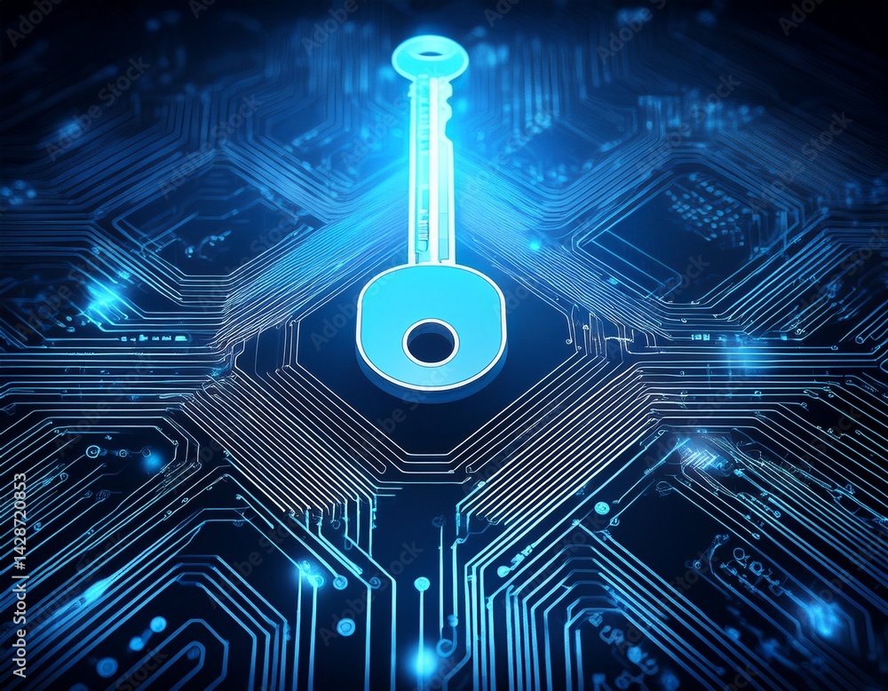 Poster digital security concept visualization glowing blue key on circuit board cybersecurity and data prot