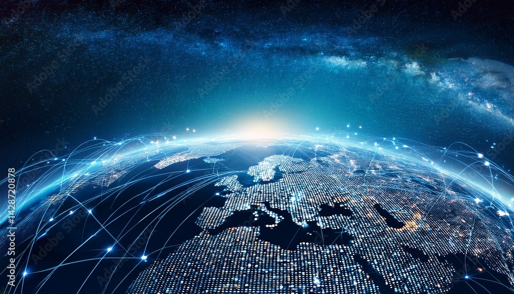 Poster earth view with city lights on space background digital data and digital network flow with copy spac