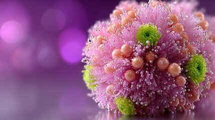 A 3D rendering of a virus-like structure with pink and green spikes on a purple background