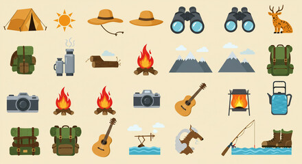 Naklejka premium A collection of camping and outdoor themed icons arranged on a light beige background surface area