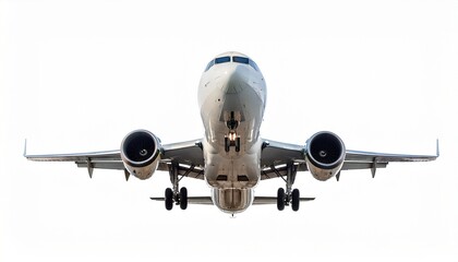 Fototapeta premium front view of a commercial airplane in flight showcasing aerodynamic design and powerful jet engines isolated on white background