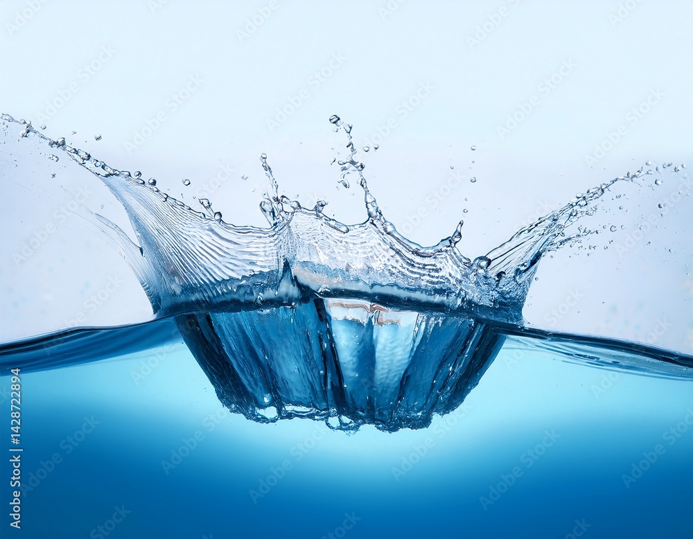 Poster dynamic splash of clear blue water captured mid motion with droplets and waves showcasing fluidity a