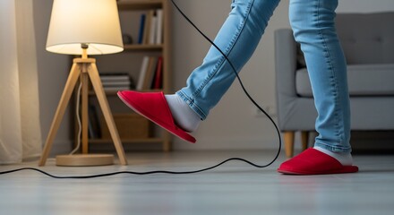 Person in Red Slippers Tripping Over a Power Cord at Home in the Evening