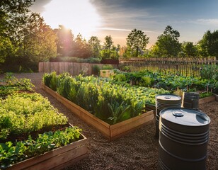 Obraz premium eco friendly garden garden with compost rain barrels and thriving vegetable crops sustained and self sufficient in the morning sunlight