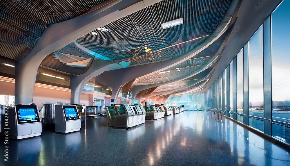 Poster futuristic airport terminal featuring automated check in kiosks and biometric security for seamless 