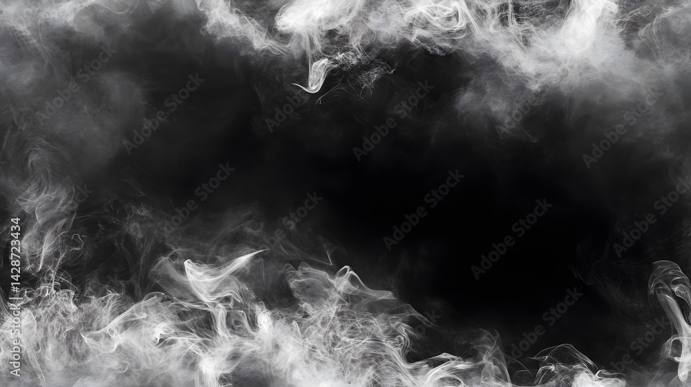 Poster abstract grayscale image of swirling, smoky clouds framing a dark void.