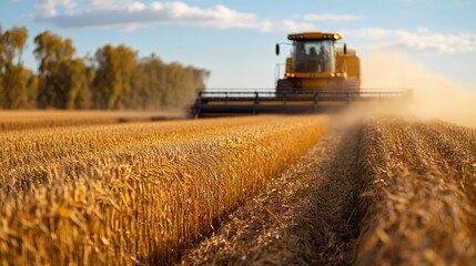 Obraz premium A yellow combine harvester working on a golden wheat field at sunset.