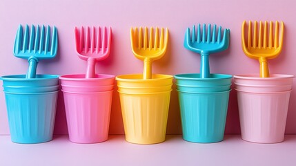 Colorful plastic beach toys in cups on pink background.