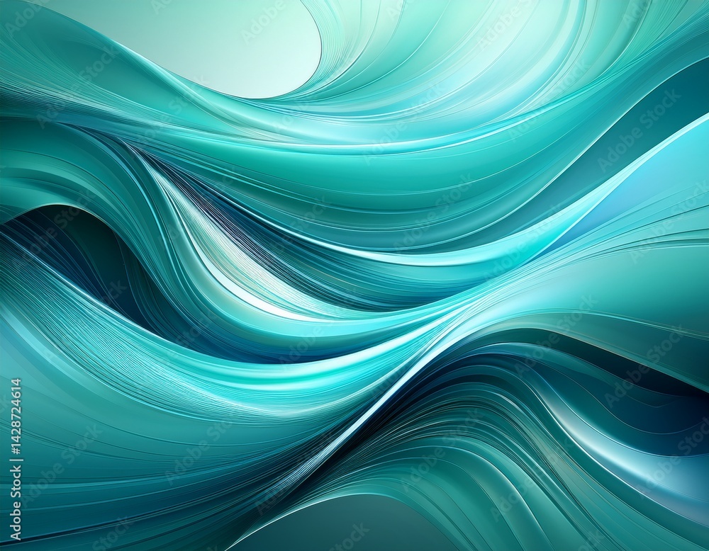 Poster flowing abstract design featuring shades of turquoise with shimmering highlights and soft curves cre