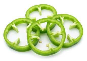 Three fresh green bell pepper slices isolated on white background showing crisp texture and seeds