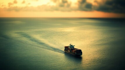 Cargo Ship Navigating the Ocean at Sunset with Gentle Waves