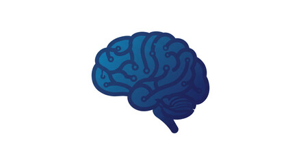 A stylized blue brain with circuit patterns isolated on a white background in a side profile view