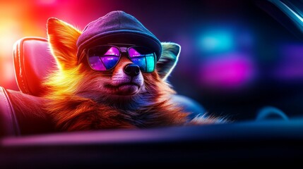 Dog in sunglasses and cap sitting in car at night, vibrant neon light reflecting on lens. Concept of cool pet on drive, playful animal adventure