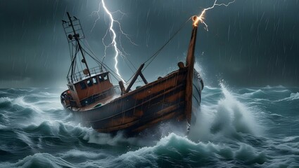 Obraz premium Weathered Fishing Boat with Rusty Machinery and Rain
