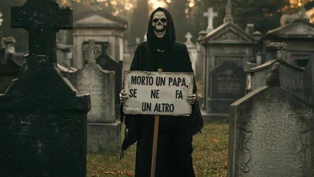 skeleton ina graveyard holding a sign, halloween concept
