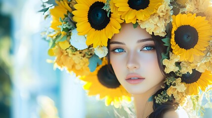 Young woman with a sunflower headdress, embodying summer's vibrant beauty.